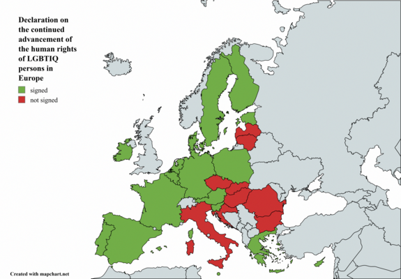 Karte der Mitgliedsstaaten, die unterzeichnet bzw. nicht unterzeichnet haben. Italien, Ungarn, Rumänien, Bulgarien, Kroatien, Litauen, Lettland, die Tschechische Republik und die Slowakei unterschrieben die Erklärung nicht.