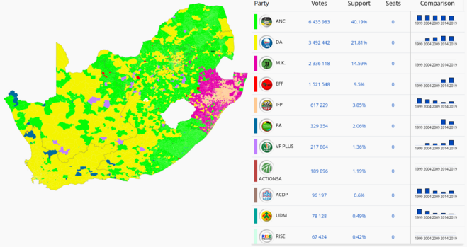 Karte von Südafrika, die die Mehrheiten pro Region bei den aktuellen Wahlen zeigt. Der ANC (Grün) und die DA (gelb) haben im Großteil des Landes die Mehrheiten, in der Provinz KwaZulu-Natal jedoch die MK (lila) und IFP (beige)