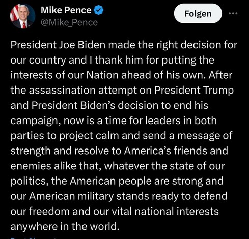 President Joe Biden made the right decision for our country and I thank him for putting the interests of our Nation ahead of his own. After the assassination attempt on President Trump and President Biden’s decision to end his campaign, now is a time for leaders in both parties to project calm and send a message of strength and resolve to America’s friends and enemies alike that, whatever the state of our politics, the American people are strong and our American military stands ready to defend our freedom and our vital national interests anywhere in the world.