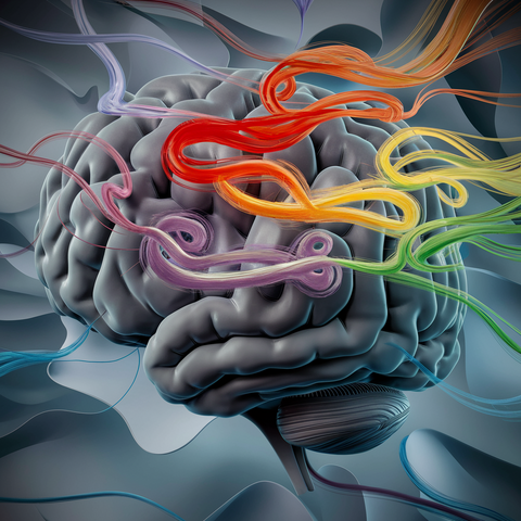 Ein Gehirn mit vielen Gedankenströmen in farbigen und dunklen Linien.