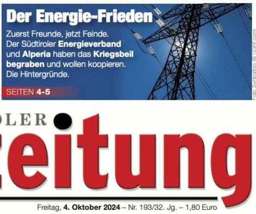 Die Neue Südtiroler Tageszeitung schreibt auf der Titelseite vom 4. Oktober 2024, der Südtiroler Energieverband und Alperia wollten fortan 